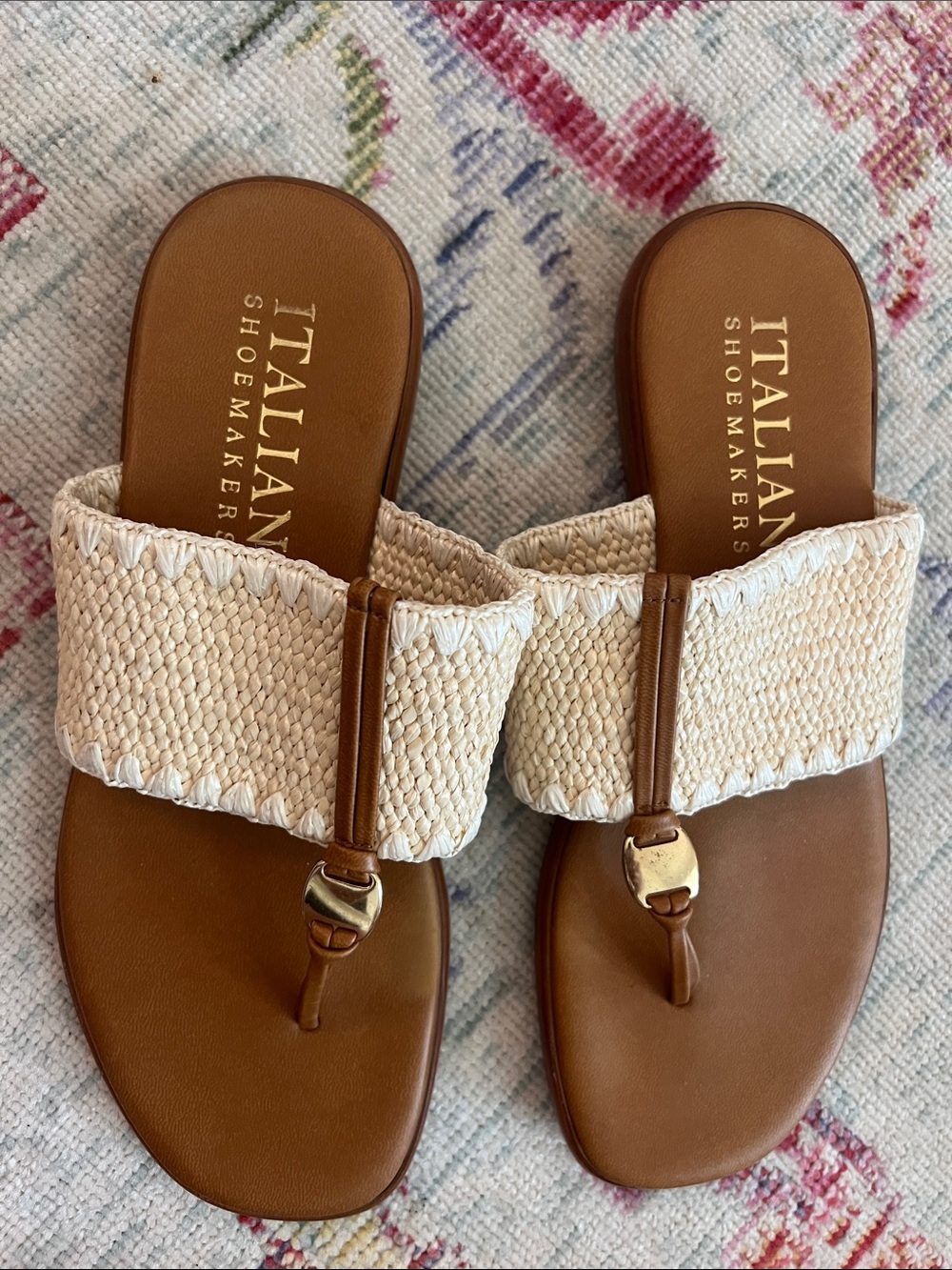 Italian Shoemakers Cream & Brown Woven Toe-Post Sandals with Gold Accent